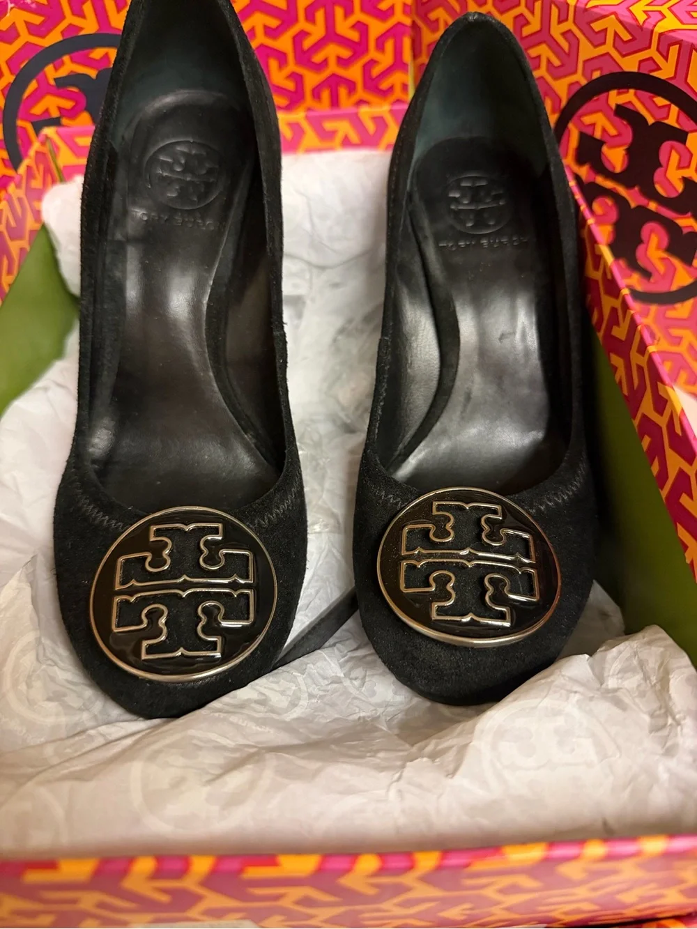 Tory Burch Black Suede Wedge Pumps with Gold Logo Medallion